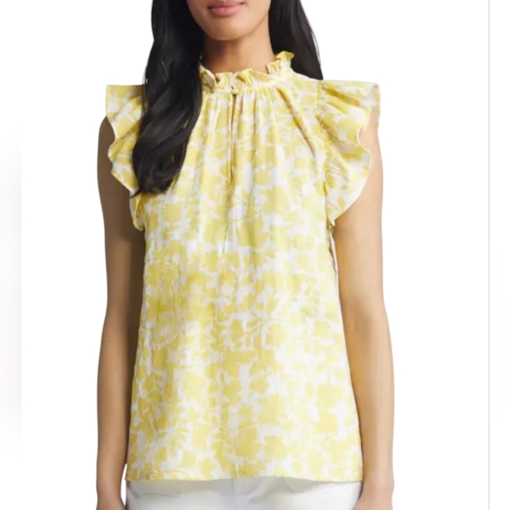 CASLON Caslon Yellow & White Floral Ruffle Sleeve Peplum Blouse XL